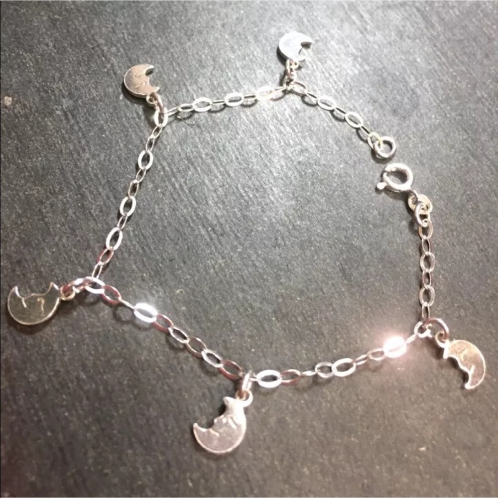 Solid 925 Silver Moon Dangling Charm Link Bracelet