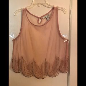 Rine stone and beaded sheer tank top mauve color