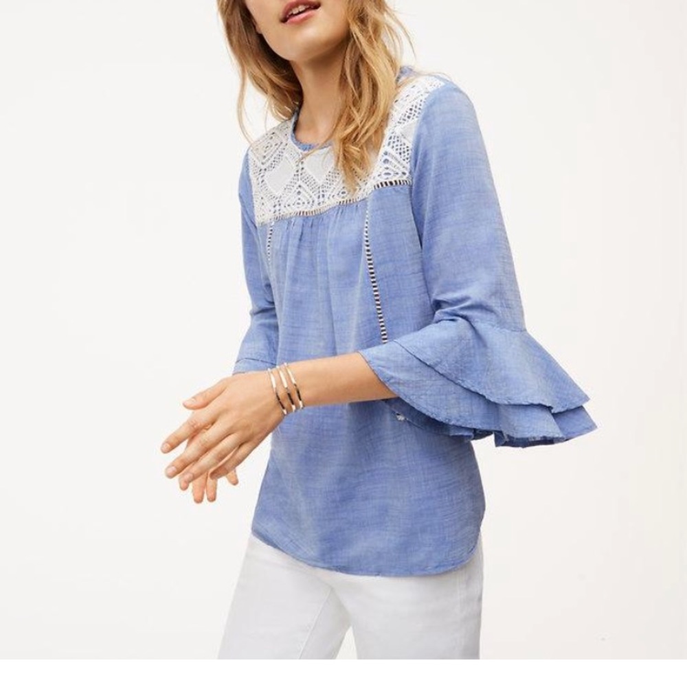 Loft Crochet Chambray Bell Sleeve Top • XS
