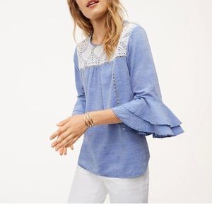 Loft Crochet Chambray Bell Sleeve Top • XS