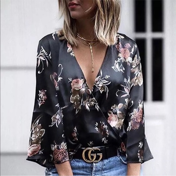 Tops - Black Satin Floral Print Kimono Blouse