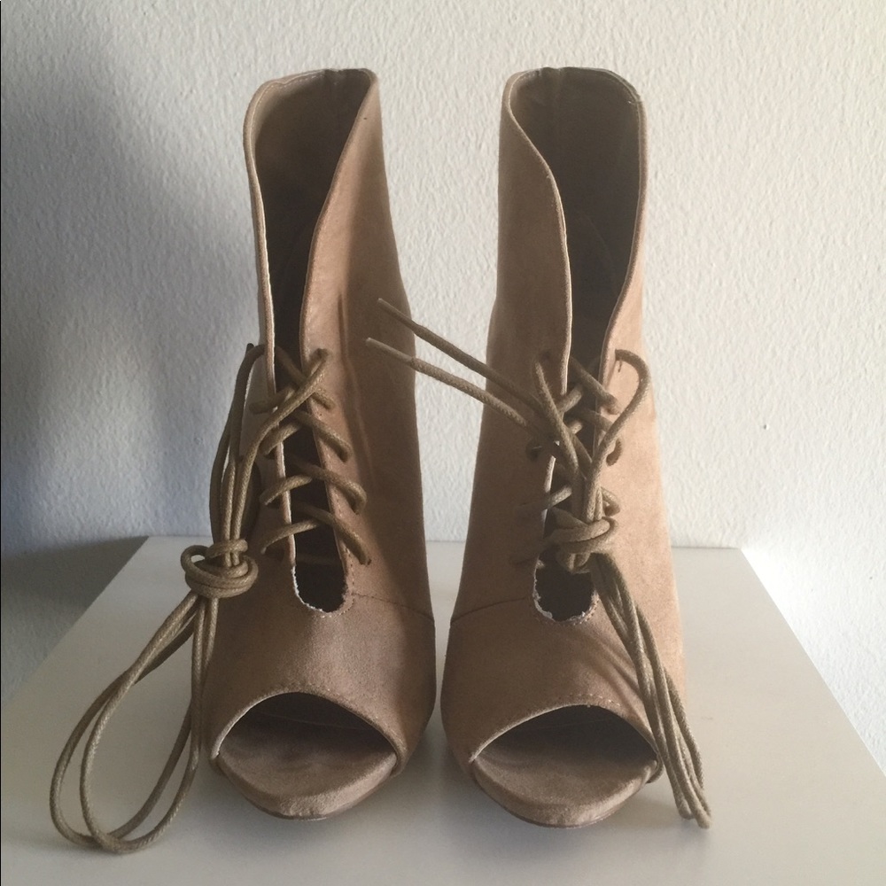 JustFab lace up, nude peep toe booties