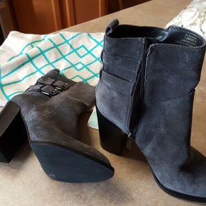 Gray suede heeled booties