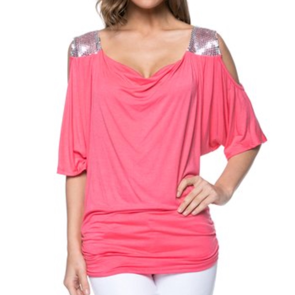 Soft Cold Shoulder Drape Sequin Coral Salmon Top