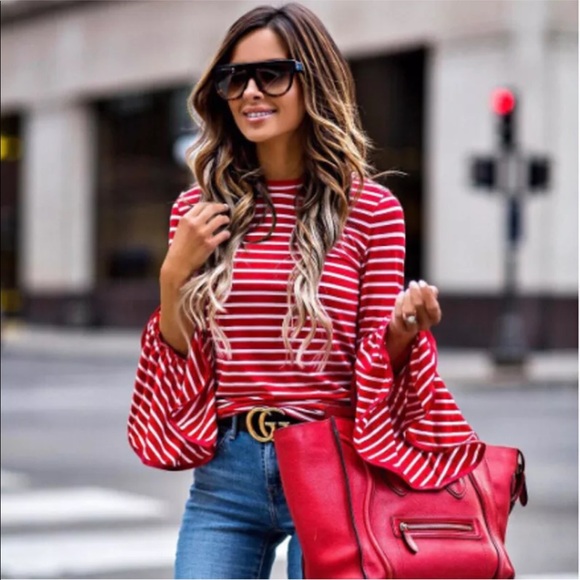 Tops - 🌟Star Fave ❤️Red & White Striped Bell Sleeve Top
