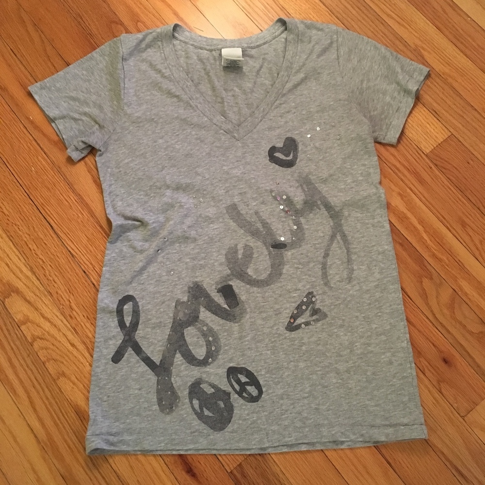 VS PINK V-neck Tee "Lovely" grey sequins L