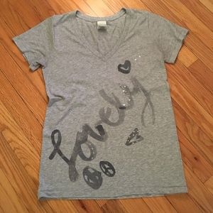 VS PINK V-neck Tee "Lovely" grey sequins L