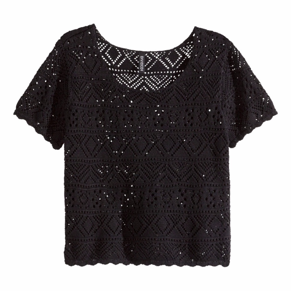 Black Crochet Knitted Short Crop Top Shirt
