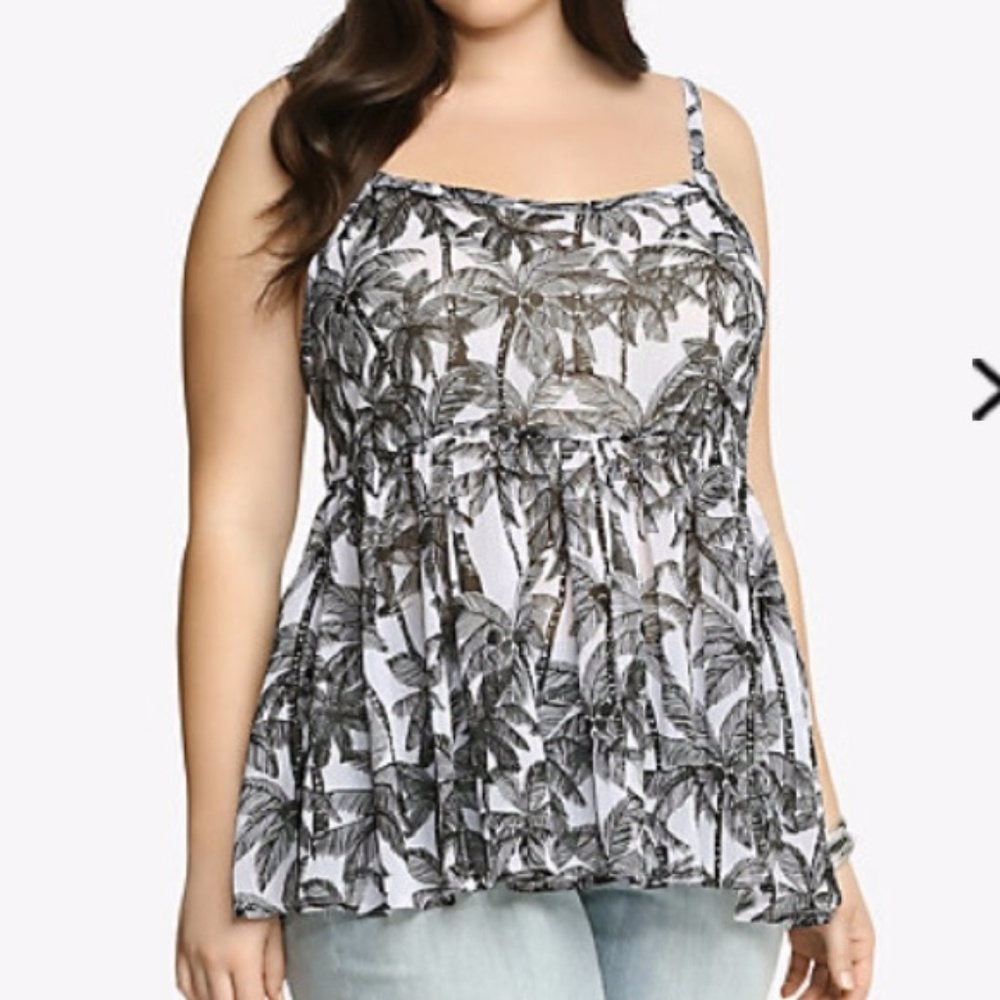 Torrid Sheer Palm Tree Black & White Babydoll Top