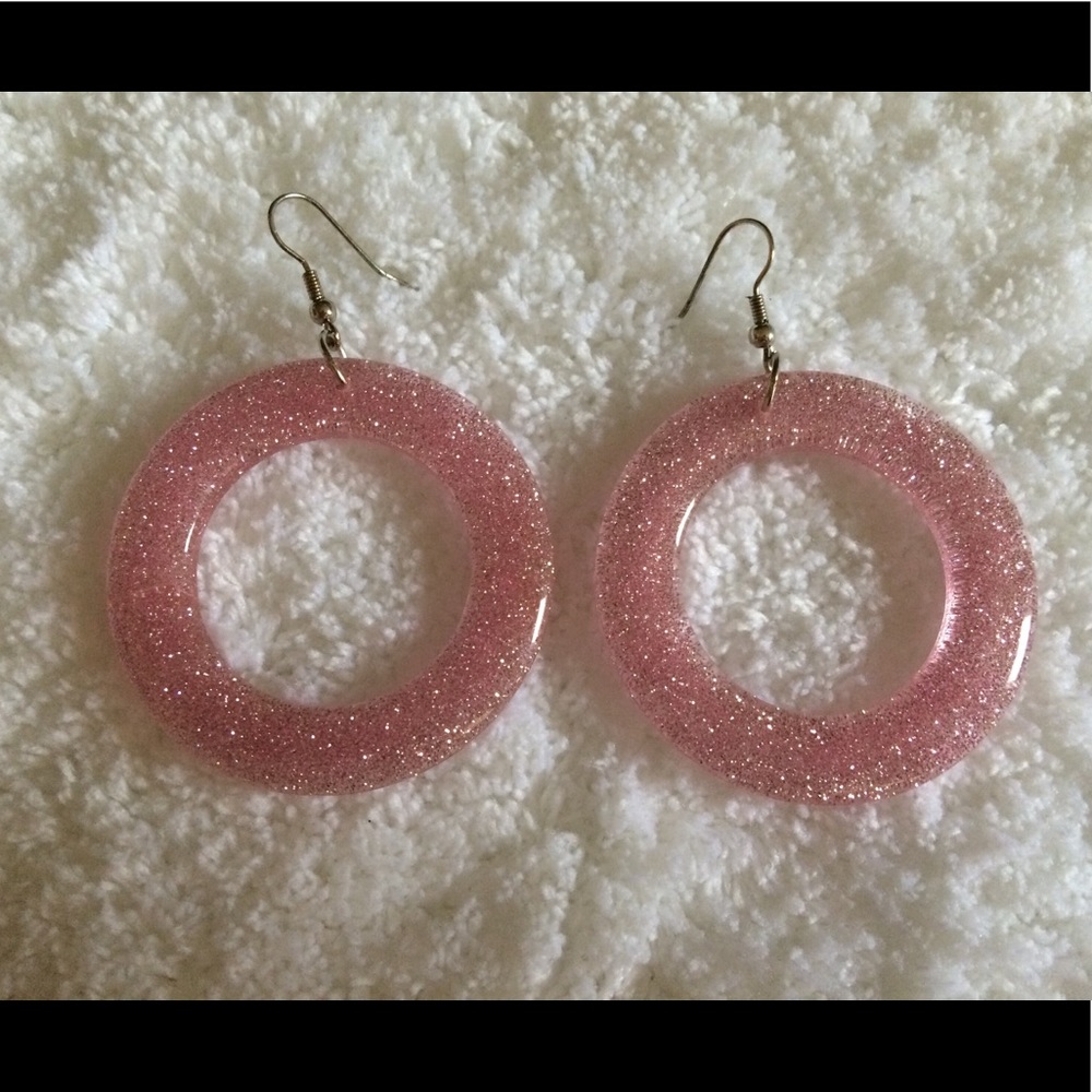 ✨NEW✨ 80s Style Pink Glitter Hoop Earrings - Picture 1 of 2