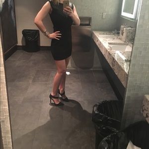 Mixed leather and crochet body-con dress