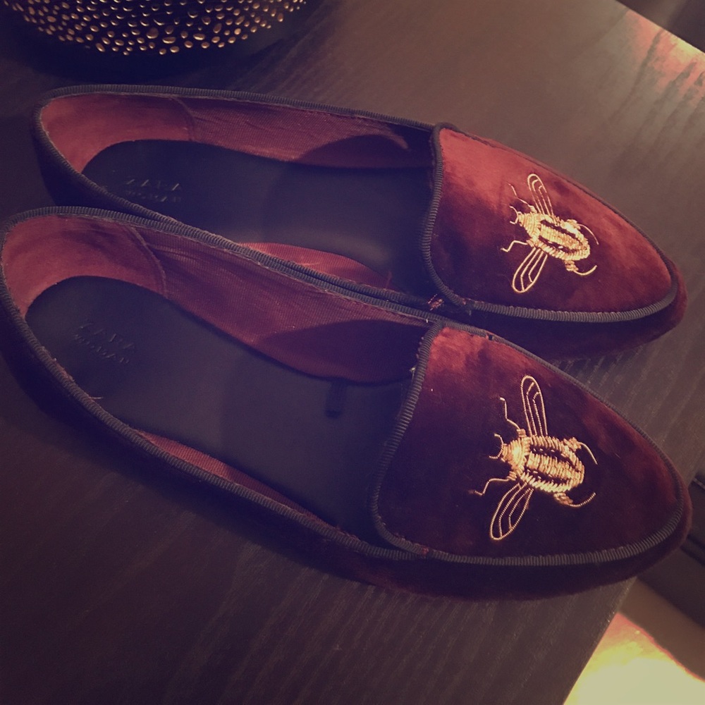 Zara red velvet loafers