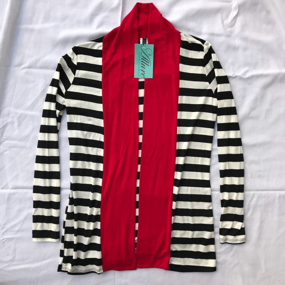 Black White & Red Striped Cardigan