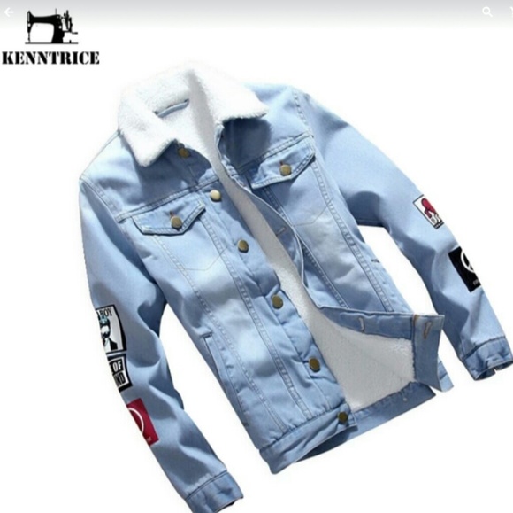 Mens Embroidered Denim Faux Fur Winter Jacket - Picture 2 of 4