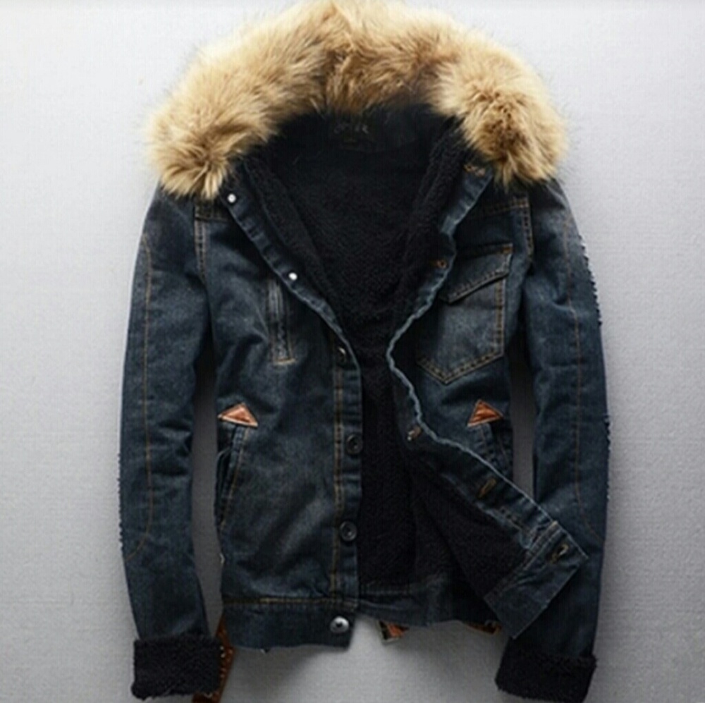 Mens Distressed Denim Faux Fur Jacket - Picture 3 of 7