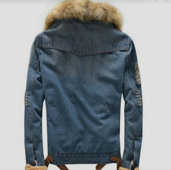 Mens Distressed Denim Faux Fur Jacket - Picture 2 of 7