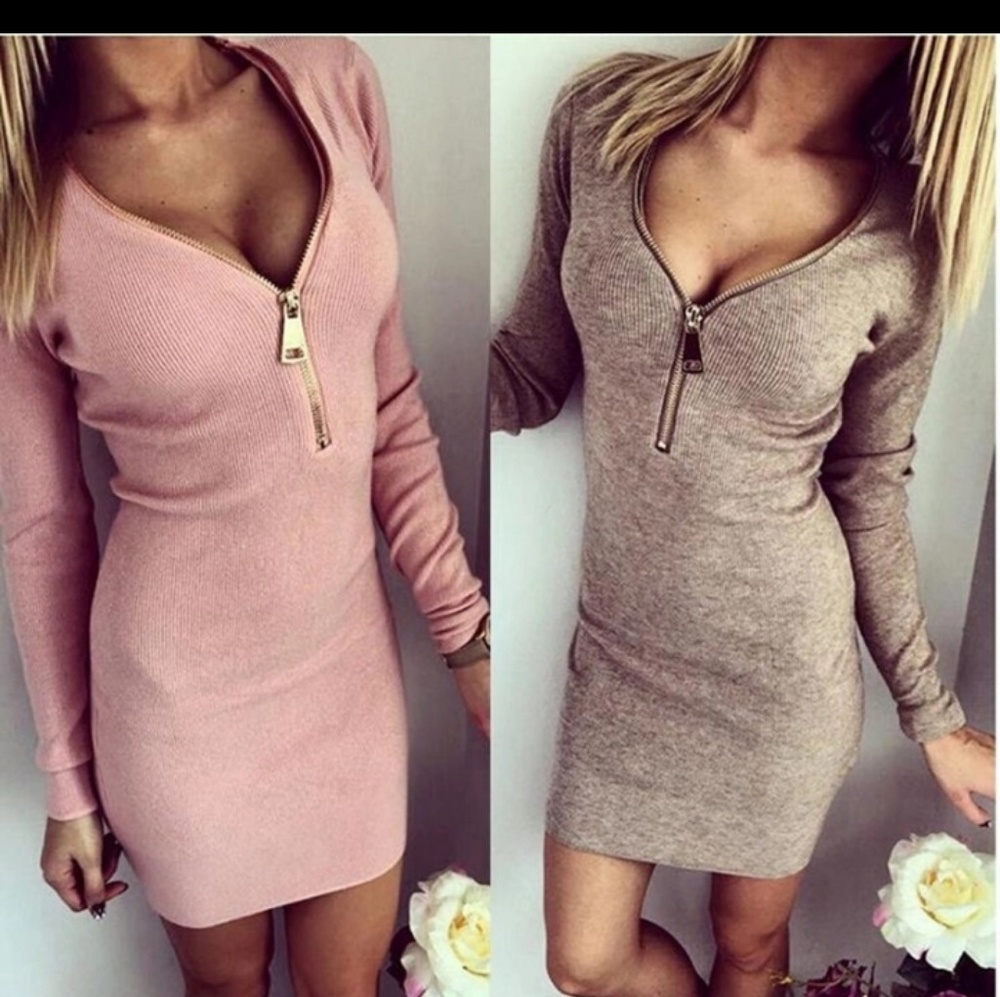 Knitting 2017 Women Dresses Zipper V-neck Sexy