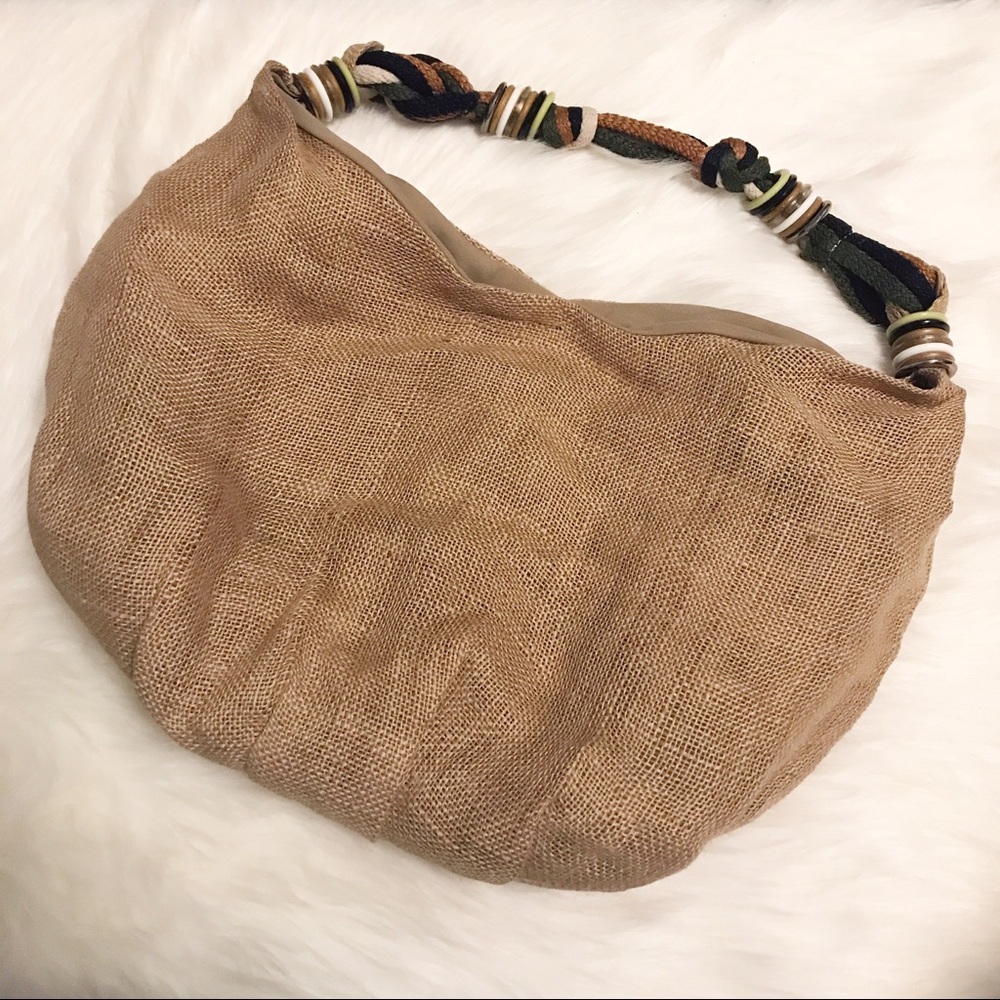 burlap style bag with rope handle