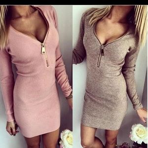 Knitting 2017 Women Dresses Zipper V-neck Sexy