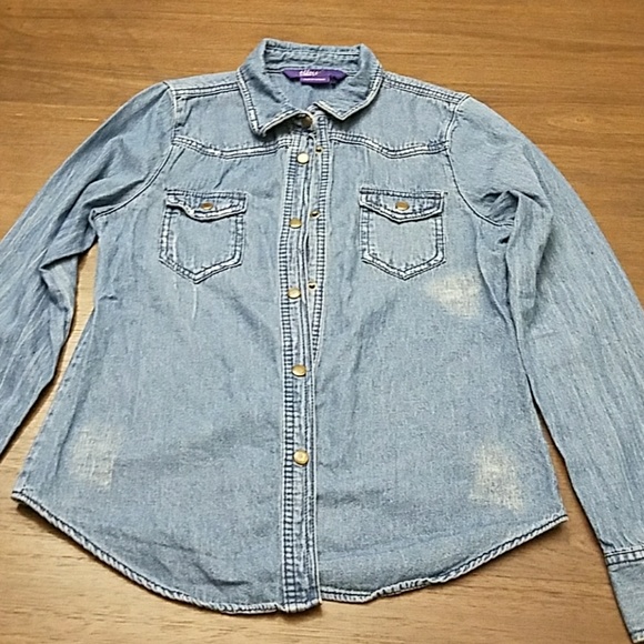 Miley Cyrus & Max Azria Tops - Distressed looking denim top