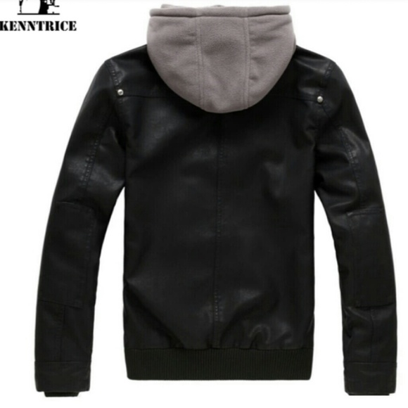 Mens Black Faux Leather Removable Hooded Jacket - Picture 2 of 6