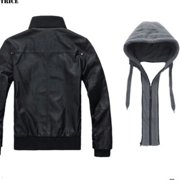 Mens Black Faux Leather Removable Hooded Jacket - Picture 3 of 6