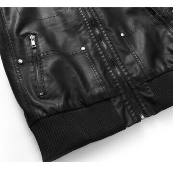 Mens Black Faux Leather Removable Hooded Jacket - Picture 4 of 6