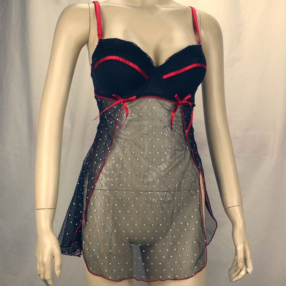 Native Intimates Red & Black Lace Sheer Babydoll