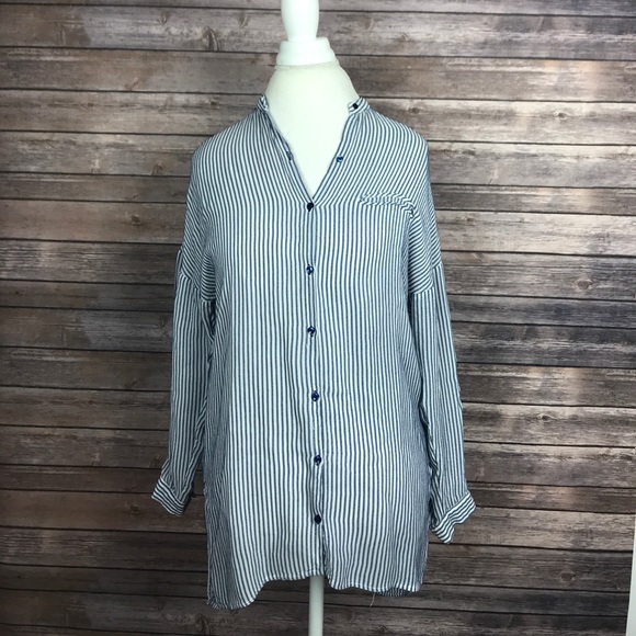 Zara Tops - Zara Basics Navy and White Button Up Blouse Sheer