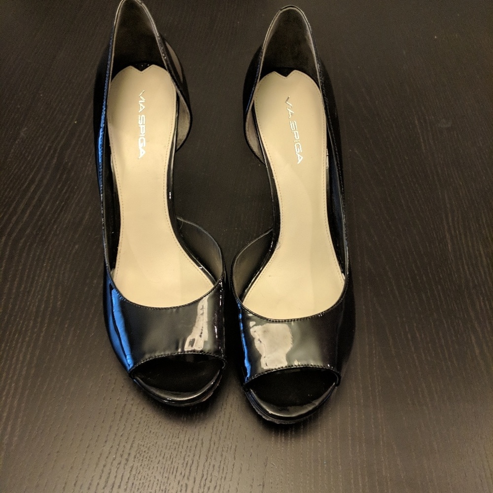 Black patent leather open toe stilettos