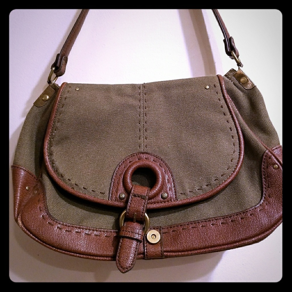 Apostrophe Green/ Brown Canvas Shoulder Handbag
