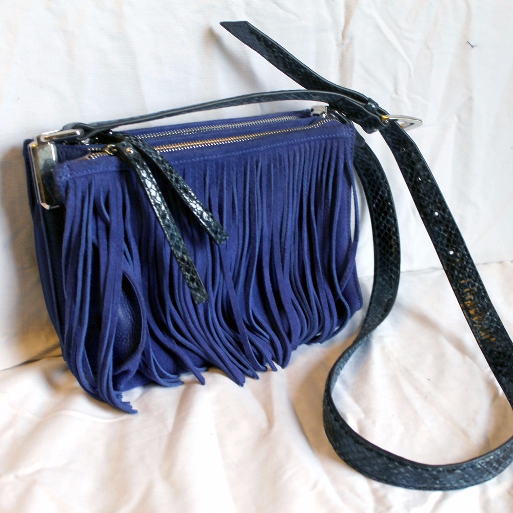 B. Makowsky Blue Suede Leather Fringe Crossbody