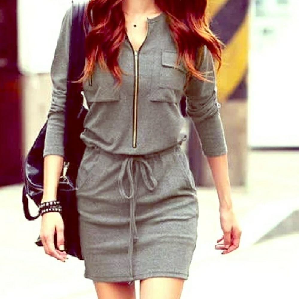 Zipper Gray Tie Tunic Dress