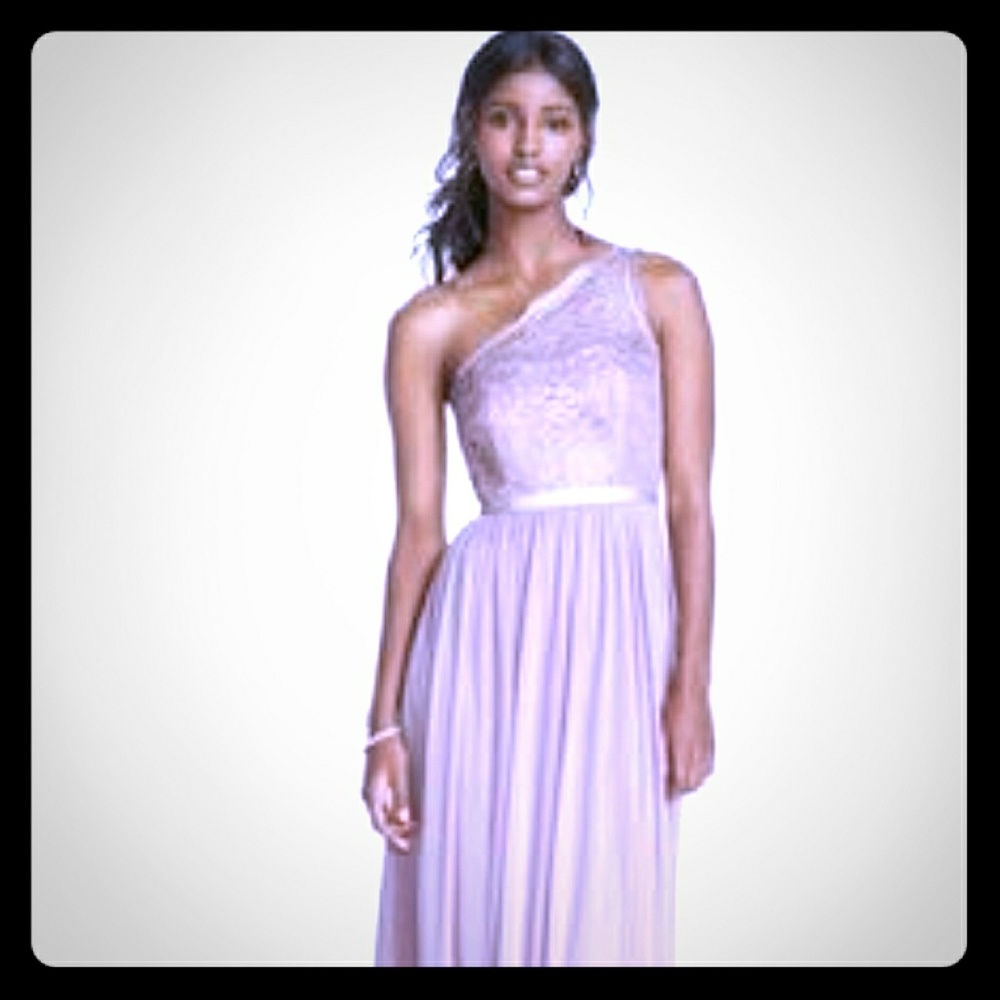 Long one shoulder rose gold metallic Davids Bridal