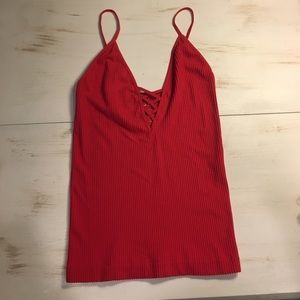 FREE PEOPLE RED RIBBED STRAPPY TANK TOP