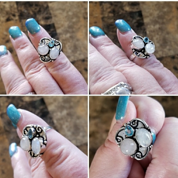 Genuine 4ct Rainbow Moonstone & Blue Topaz Ring 7