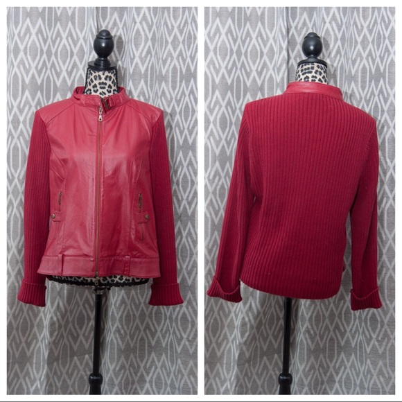 Jackets & Blazers - Leather Jacket Sweater Sleeves Maurice Sasson Red