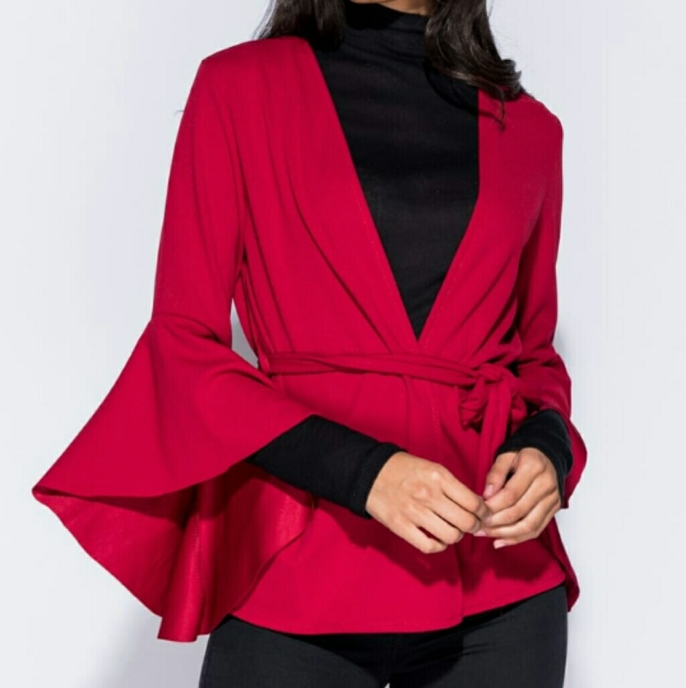 Waist Tie Flare Sleeve Blazer