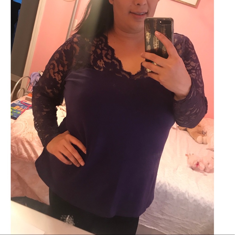 Plus size H&M purple blouse with lace detailing.