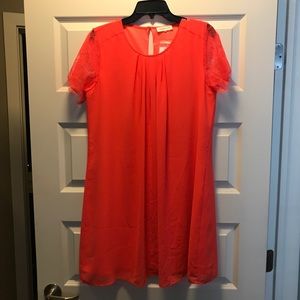 Coral Shift Dress with Eyelash Lace Sleeves