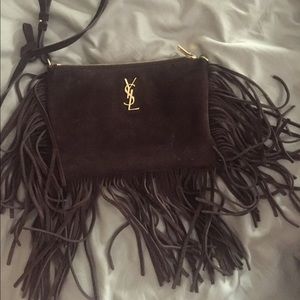YSL chocolate brown suede frinde clutch