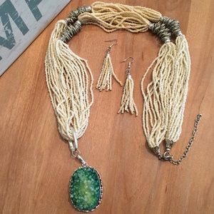 Beaded Druzy Necklace & Earrings - Green WE29609