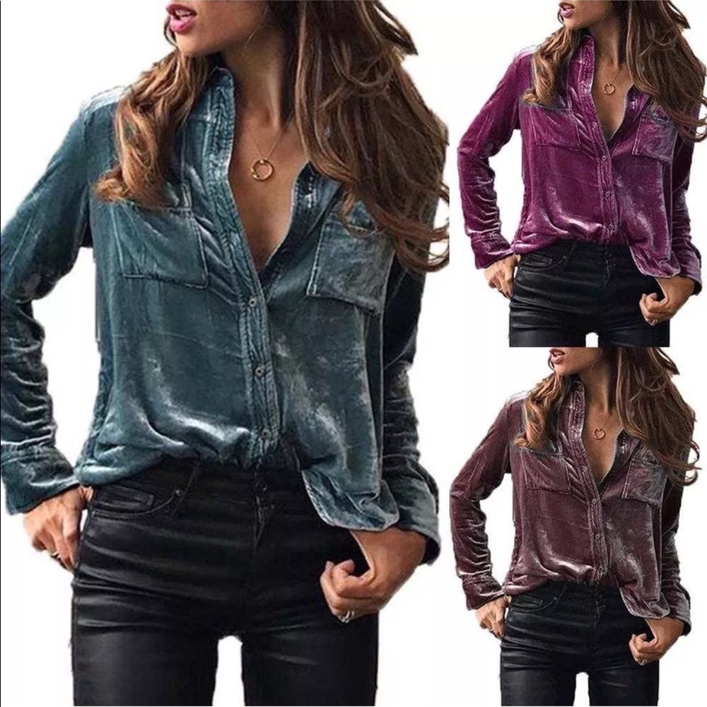 🌟5 Star Favorite- Luxe Velvet Blouse • Aqua - Picture 3 of 5