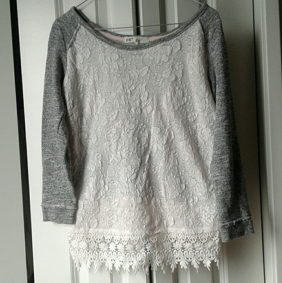 Jolt Tops - White Lace and Grey Sweater with Crochet Trim