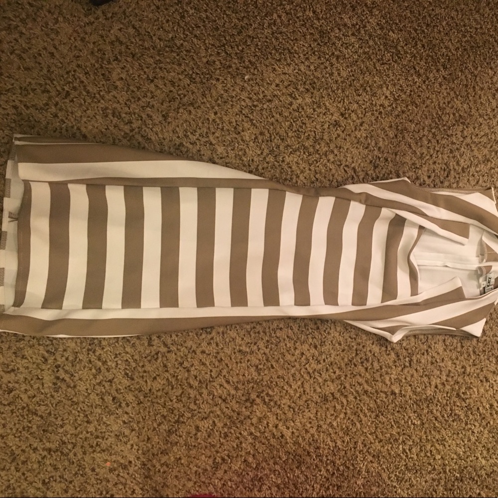Zack London body con tan and white striped dress