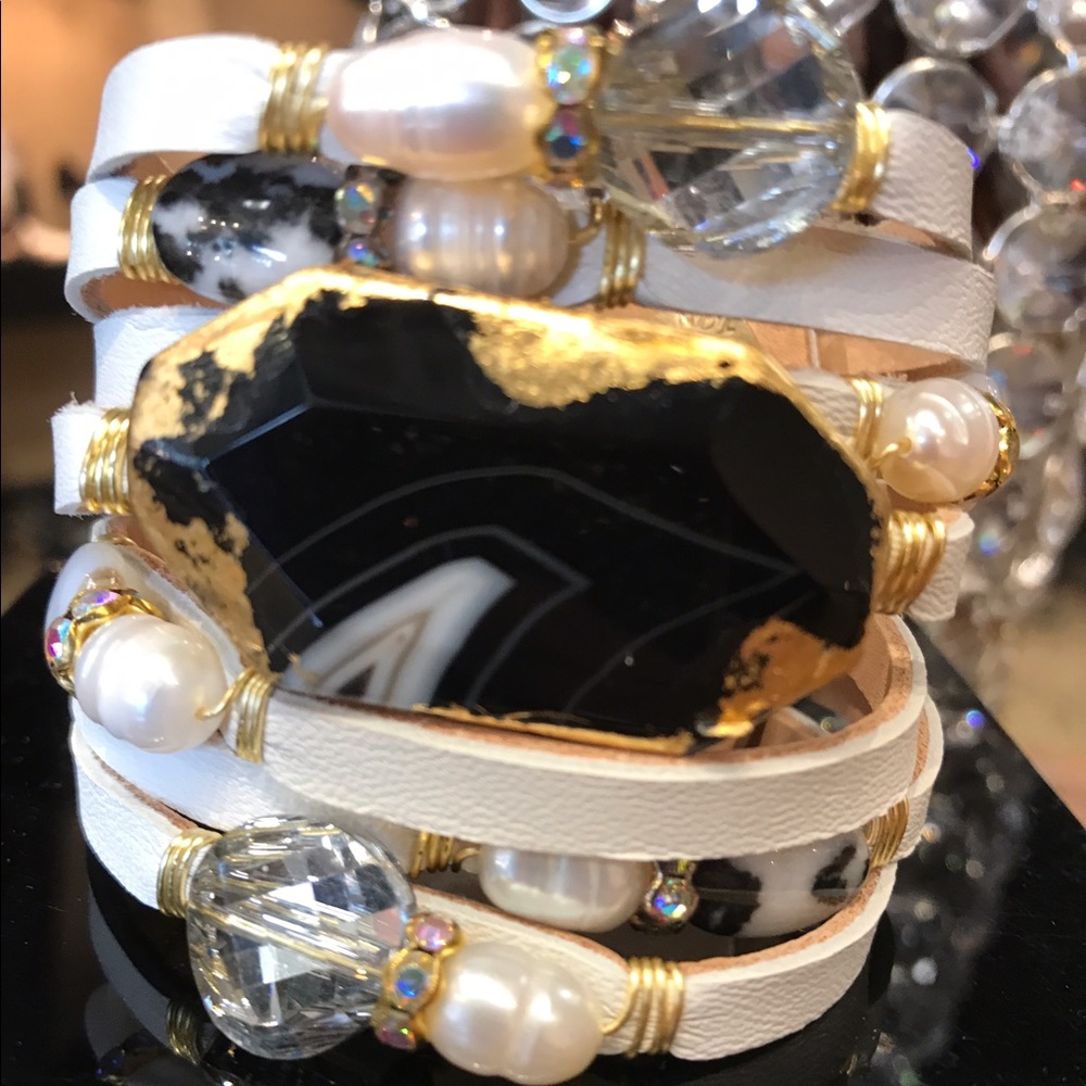 Leather and stone cuff
