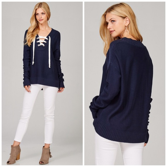 Navy Lace-up Sweater - Picture 2 of 2