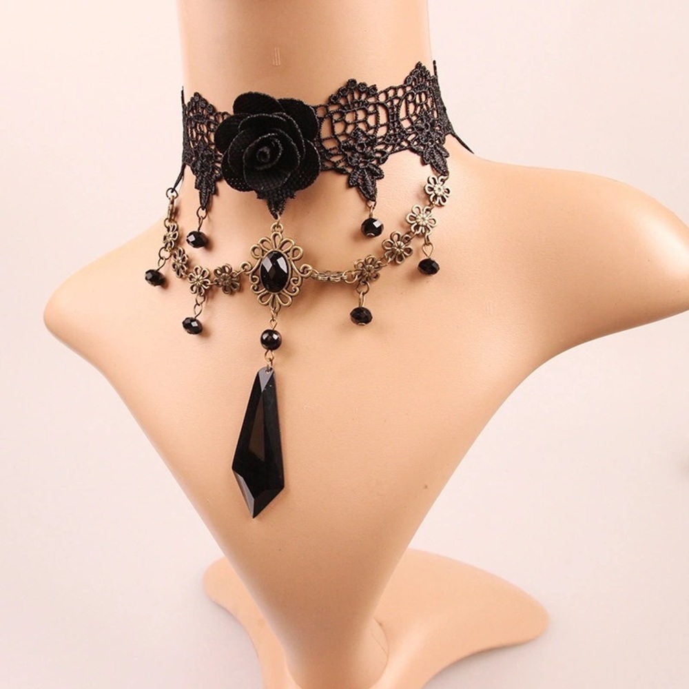 Handmade Lolita retro black Big Rose lace choker