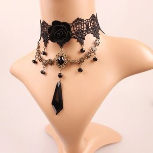 Handmade Lolita retro black Big Rose lace choker
