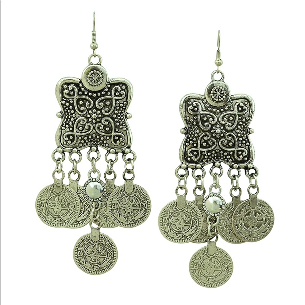 NWT Silver Turkish Coin Statement Earrings